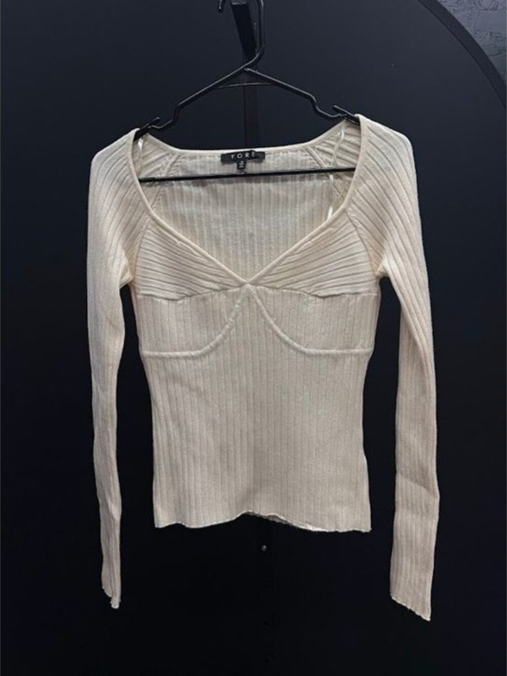 FORE Cream Ribbed Long Sleeve Sweetheart Neckline Top